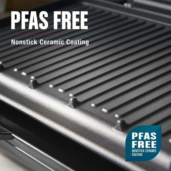 George Foreman Family-Size Grill & Panini Press, Nonstick Ceramic Coating, Fat-Removing Slope, Adjustable Angle, Indoor/Outdoor Use