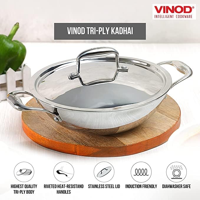 Vinod Platinum Extra Deep Kadai for Home and Kitchen, 24cm 3.3 LTR,Stainless Steel