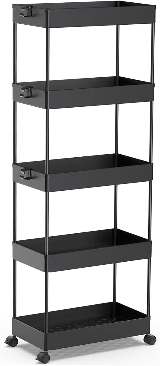 SPACEKEEPER 5-Tier Rolling Cart, Bathroom Storage Organizer Utility Cart, Mobile Shelving Unit Slide Out Shelves for Kitchen Living Room Laundry Room & Dressers, Black