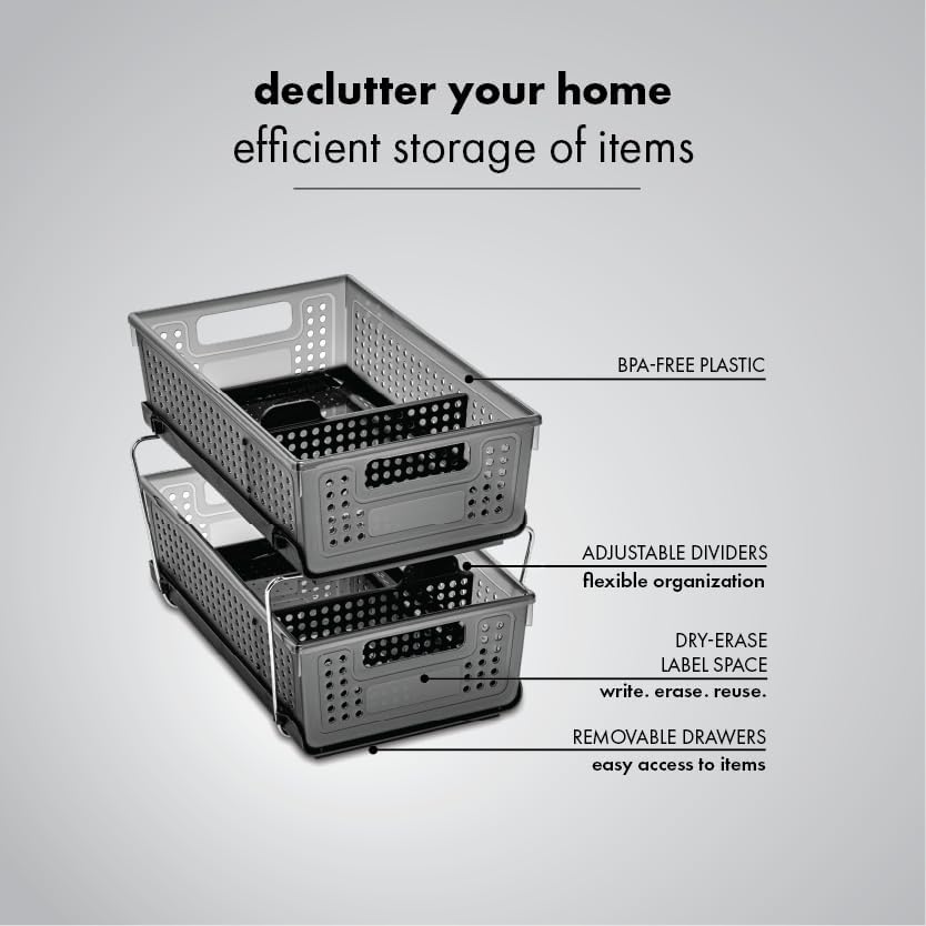 madesmart 2-Tier Organizer, Multi-Purpose Slide-Out Storage with Handles and Dividers for Home and Bath, Easy Assembly, BPA Free, Carbon