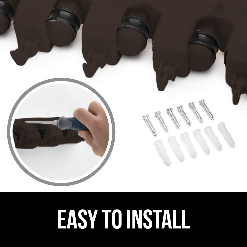 GORILLA GRIP Wall Mount Hook Fixture, Also Includes Slots to Hold Mop, Broom, Tools, Easy Install, Organize Cleaners, Tools, Home, Kitchen, Garage, 6 Hooks 5 Slots, Brown