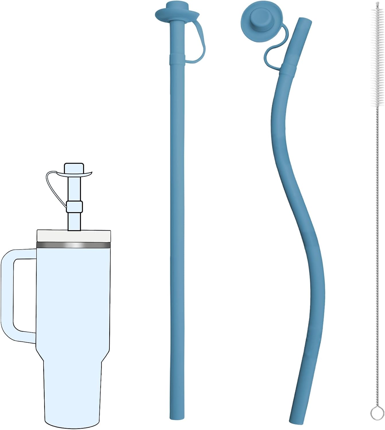 2PCS Reusable Silicone Straws with Cover, Bite-Safe, 12”Long Collapsible Drinking Straws for Stanley Owala Cups, Tumblers & Travel – Trim to Fit Any Cup (Blue)