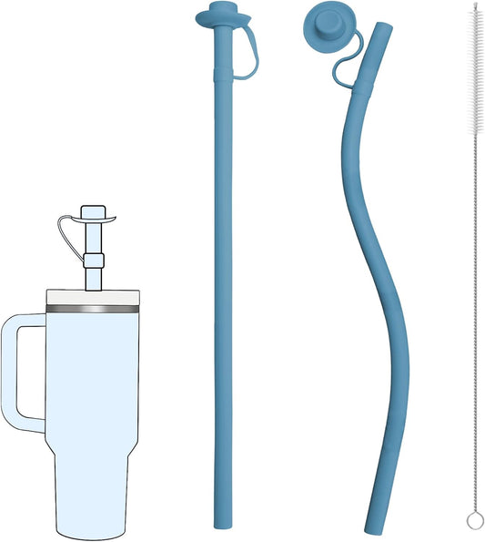 2PCS Reusable Silicone Straws with Cover, Bite-Safe, 12”Long Collapsible Drinking Straws for Stanley Owala Cups, Tumblers & Travel – Trim to Fit Any Cup (Blue)
