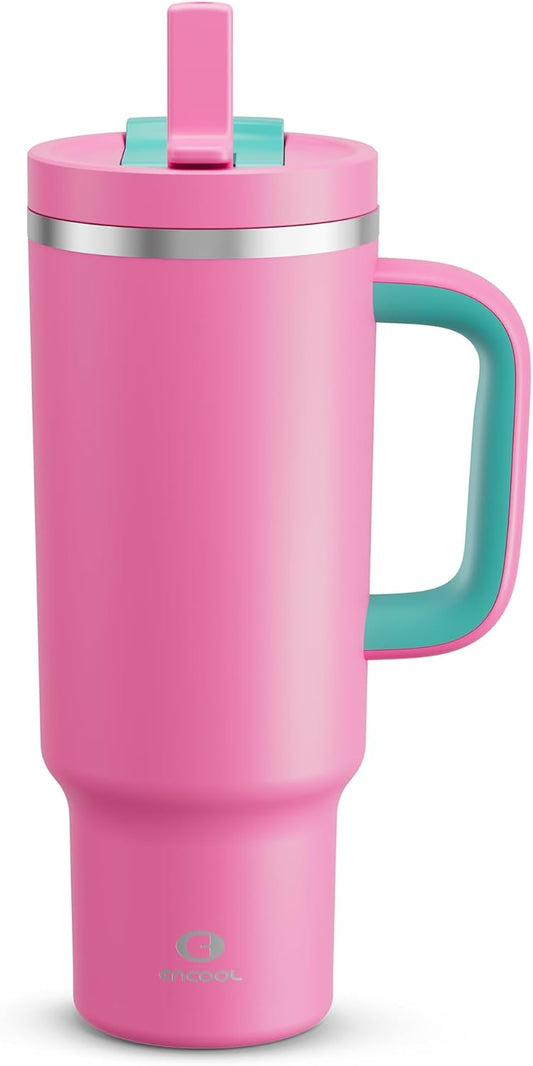 ENCOOL 40 oz Tumbler with Handle and Straw: Stainless Steel Insulated Tumbler Keeps Cold for 24 Hours, Leakproof Travel Cup Fits in Cup Holder and BPA-Free,Light Crimson