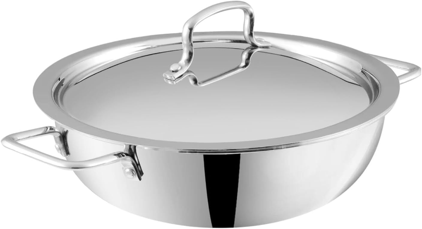 Vinod Platinum Triply Stainless Steel Kadai | Suitable For Indian Cooking, Sauces, Stews, Soups | Extra Deep, 32cm | Induction, Electric Friendly