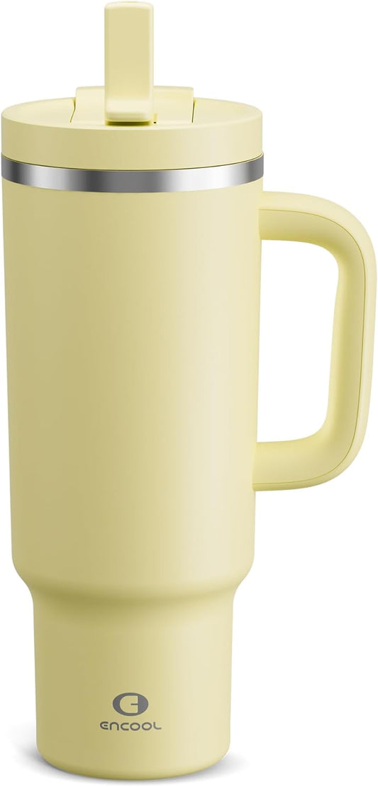 40 oz Tumbler with Handle and Straw: Stainless Steel Insulated Tumbler Keeps Cold for 24 Hours, Leakproof Travel Cup Fits in Cup Holder and BPA-Free,Light Vanilla