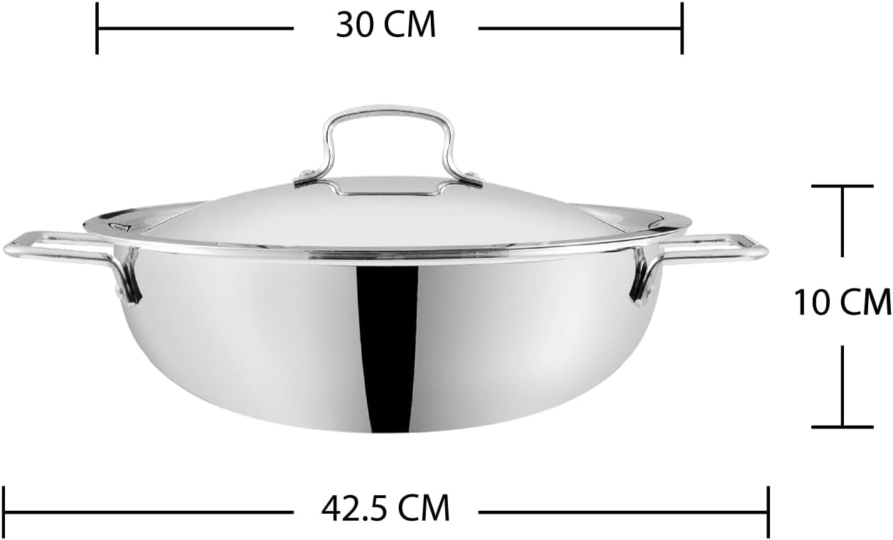 Vinod Platinum Triply Stainless Steel Kadai | Suitable For Indian Cooking, Sauces, Stews, Soups | Extra Deep, Induction, Electric Friendly (30cm)
