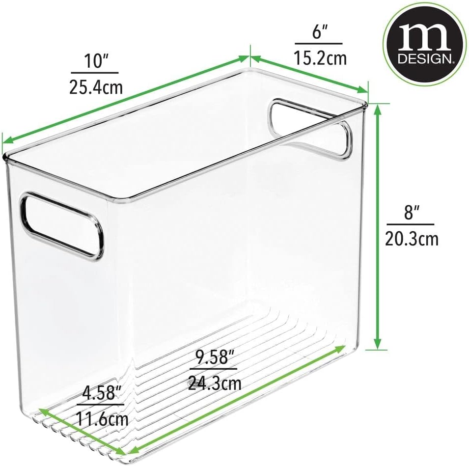 mDesign Slim Plastic Storage Container Bin with Handles - Bathroom Cabinet Organizer for Toiletries, Makeup, Shampoo, Conditioner, Face Scrubbers, Loofahs, Bath Salts - 5" Wide, 2 Pack - Clear