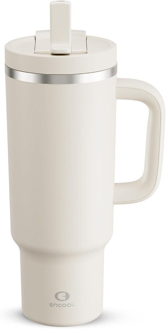 40 oz Tumbler with Handle and Straw: Stainless Steel Insulated Tumbler Keeps Cold for 24 Hours, Leakproof Travel Cup Fits in Cup Holder and BPA-Free, Cream Moon
