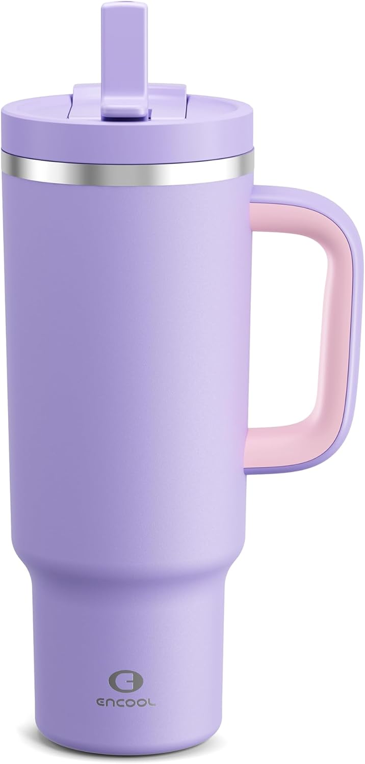 40 oz Tumbler with Handle and Straw: Stainless Steel Insulated Tumbler Keeps Cold for 24 Hours, Leakproof Travel Cup Fits in Cup Holder and BPA-Free, Mauve