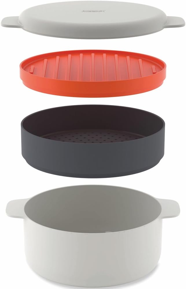 Joseph Joseph M-Cuisine Microwave 4-Piece Stackable Cooking Set, 2 liter cooking pot, steamer, griddle and lid, Orange/Beige