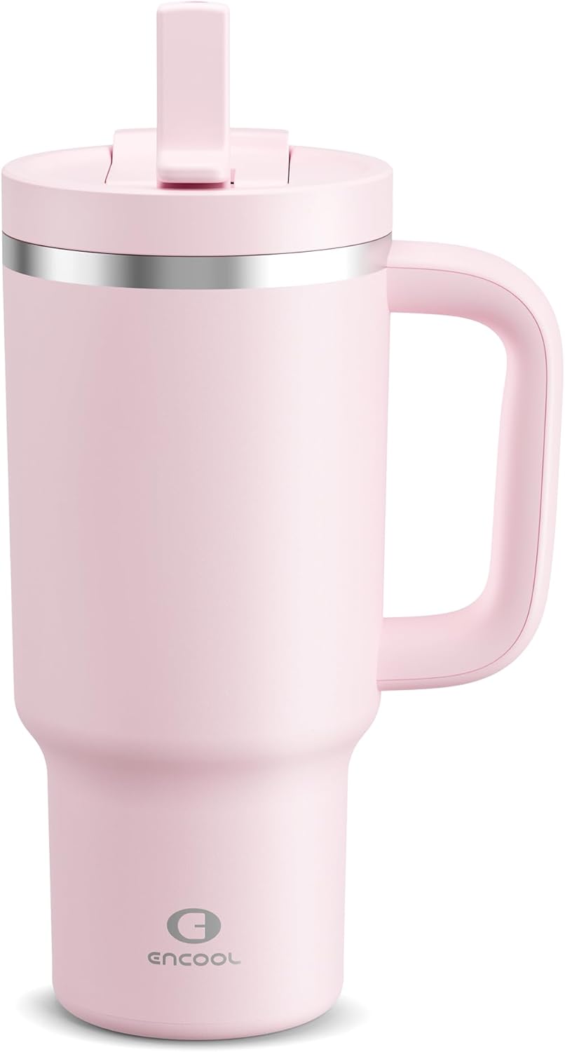 32 oz Tumbler with Handle and Straw: Stainless Steel Insulated Tumbler Keeps Cold for 24 Hours, Leakproof Travel Cup Fits in Cup Holder and BPA-Free, Cotton Candy
