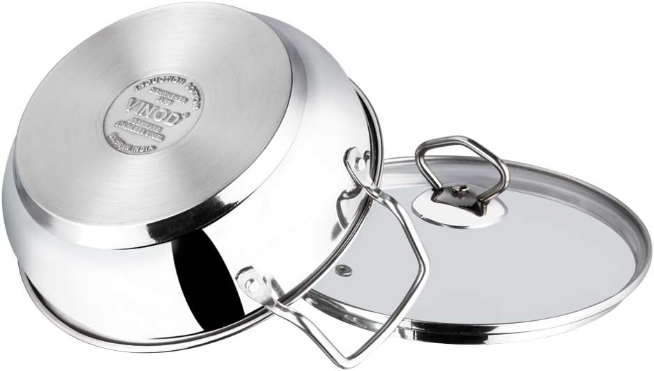 Vinod Stainless Steel Kadai with Glass Lid Extra Thick SAS Heavy Base Kadai for Cooking Induction and Gas Compatible 125 oz 10.14 in 2-Year Silver