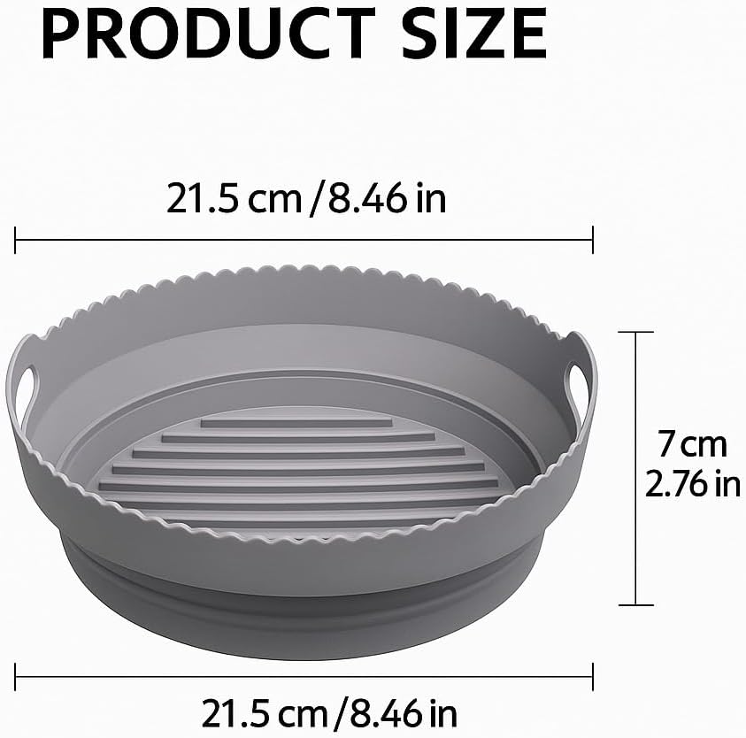 Silicone Air Fryer Liner 8.6" Round for 5–8 QT, No Divider, Reusable Non-Stick Collapsible Pot Liner, Dishwasher Safe, Heat-Resistant 446°F, GRAY, 1 Pack