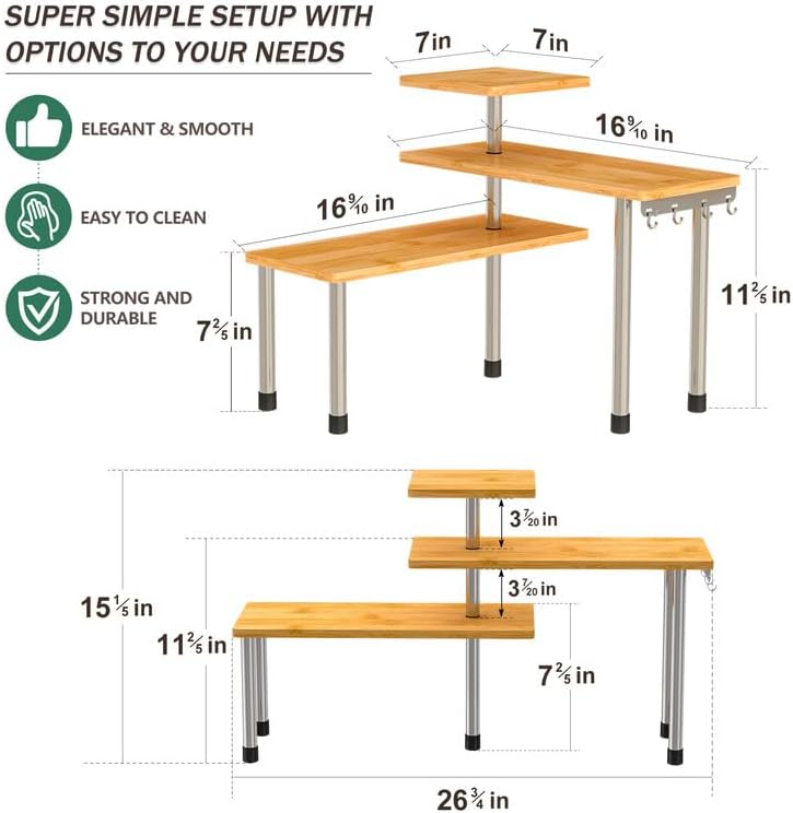 ZHWS Kitchen Countertop Organizer Spice Rack for Salt, Bathroom Counter Organizer Over Sink for Makeup, Skincare, Adjustable 3-Tier Corner Counter Shelf with 4 Hooks for Coffee Bar Dresser Table