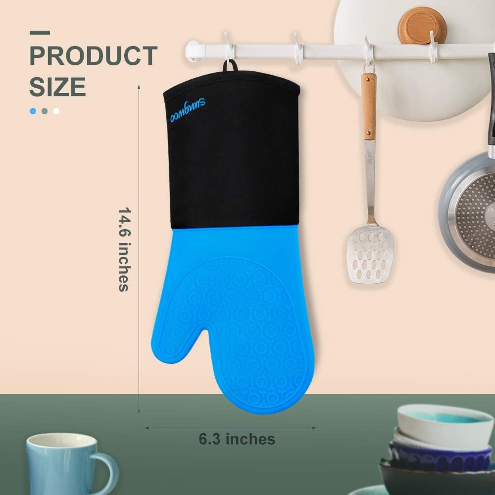 sungwoo Extra Long Silicone Oven Mitts, Heat Resistant Oven Gloves with Quilted Liner Non-Slip Textured Grip Perfect for BBQ, Baking, Cooking and Grilling - 1 Pair 14.6 Inch Blue & Black