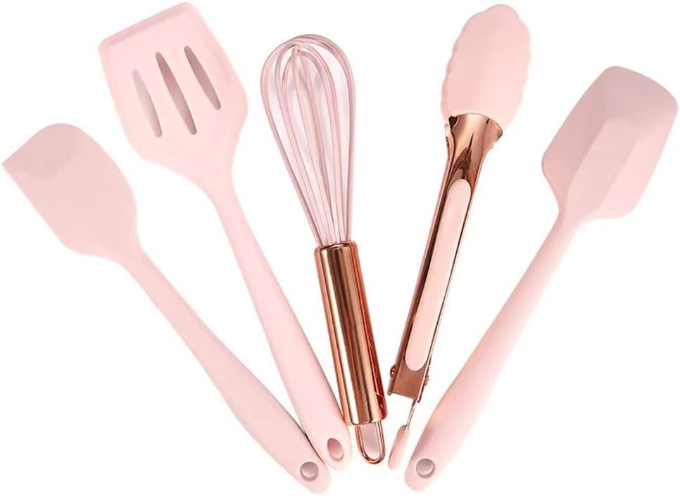Rose Gold And Pink Kitchen Utensil Small Five-Piece Set Mini Silicone Kids Kitchen Tools Whisk Spatula Tongs Spoon And Slotted Spatula(Kids Baking Supplies)