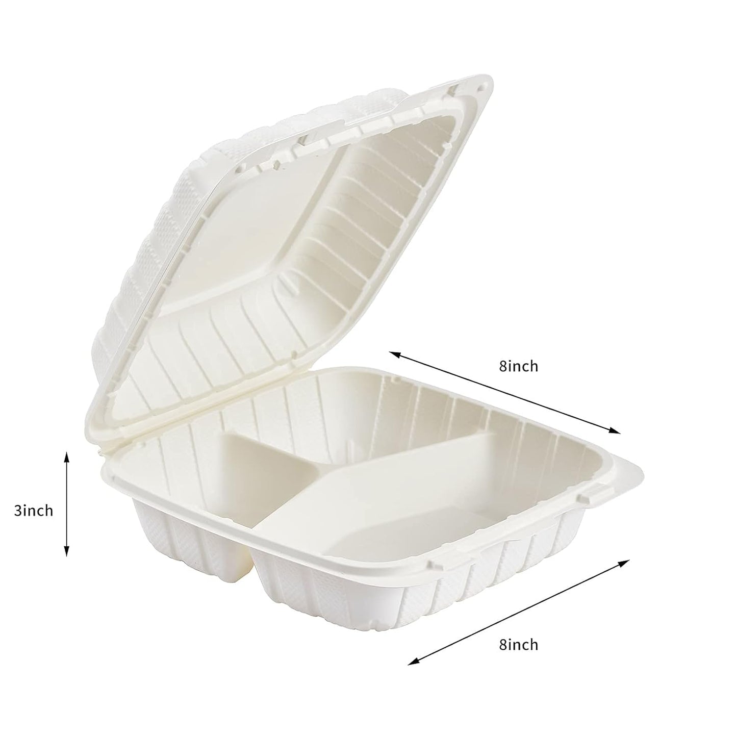 8X8" 3Compartment 50-Pack Plastic Clamshell Take Out Food Containers, Heavy Duty To-go Disposable Lunch Box For Cake, Sandwich, Salad, Dessert, Restaurant Meal Prep Packaging Catering Hinged Container