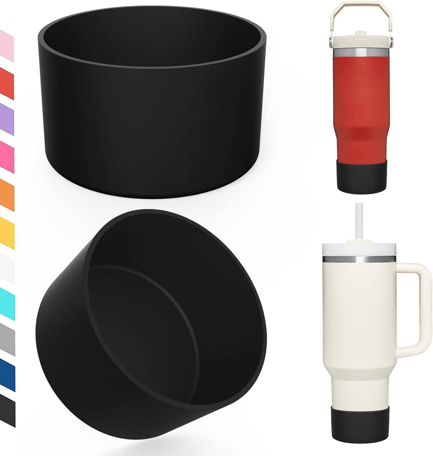 Upgrade 2PCS Protective Silicone Boot Bumper for Stanley Quencher Adventure 40oz 30oz IceFlow 20oz 30oz Tumbler, Water Bottle Bottom Sleeve Cover Accessories for Stanley Mug Cup(Black)