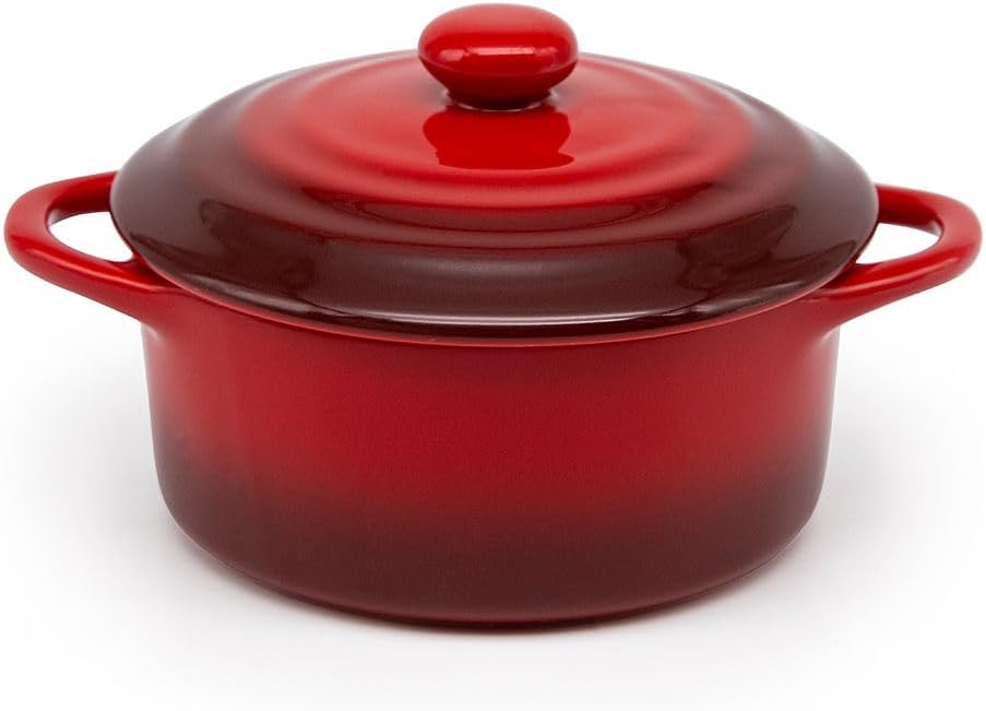Kook Ceramic Mini Cocotte Set, Small Casserole Dishes with Lids and Handles, Individual Baking Ramekins, Oven, Microwave & Dishwasher Safe, Stoneware, 12 oz, Set of 4 (Crimson Ombre)