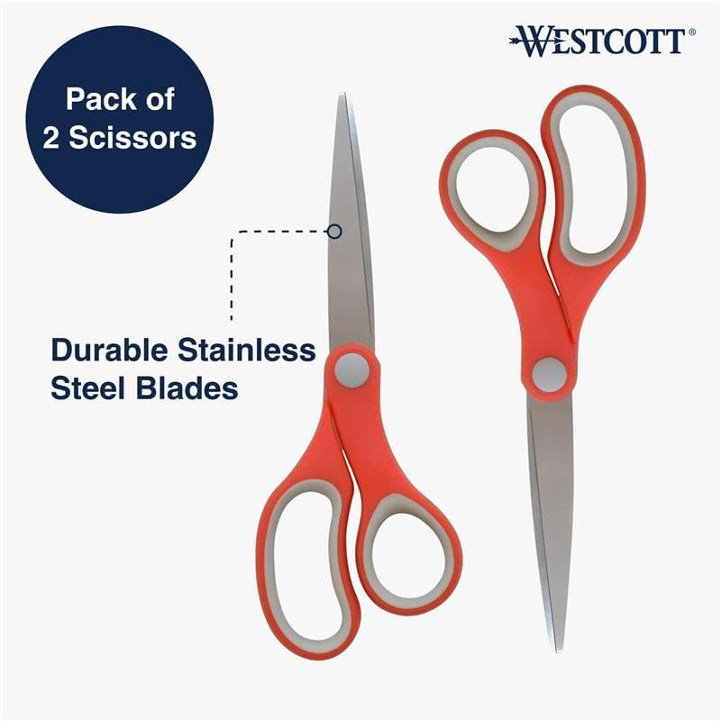 Westcott School Scissors, All-Purpose Student Scissors for Ages 12+, Ideal for Crafting and School Projects, Back-to-School, School Supplies, Classroom Supplies, 7-Inch, 2-Pack, Red/Gray