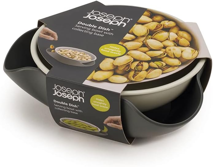 Joseph Joseph Double Dish Pistachio and Snack Serving bowl with Food Waste Compartment, BPA-Free - Grey