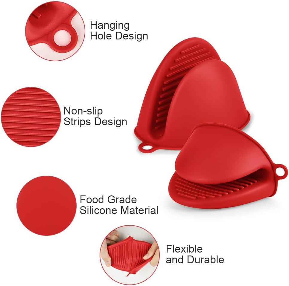 AUAUY 1 Pair Mini Silicone Oven Mitts, Heat Resistant Pot Holders Mitts, Cute Oven Pinch Grip Gloves, Small Potholders for Kitchen, Air Fryer Mitts Pair for Cooking, Baking and Grilling (Red)