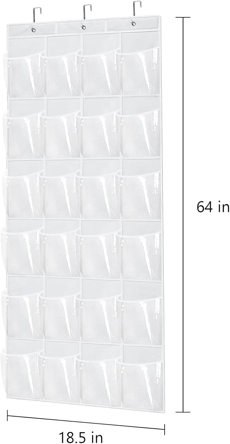 Over The Door Shoe Organizer with 24 Clear Pockets and Metal Hooks – Heavy Duty Hanging Shoe Storage Rack for Closet, Bathroom, Dorm – Space Saving Organizer for Shoes, Accessories, Toys (White)
