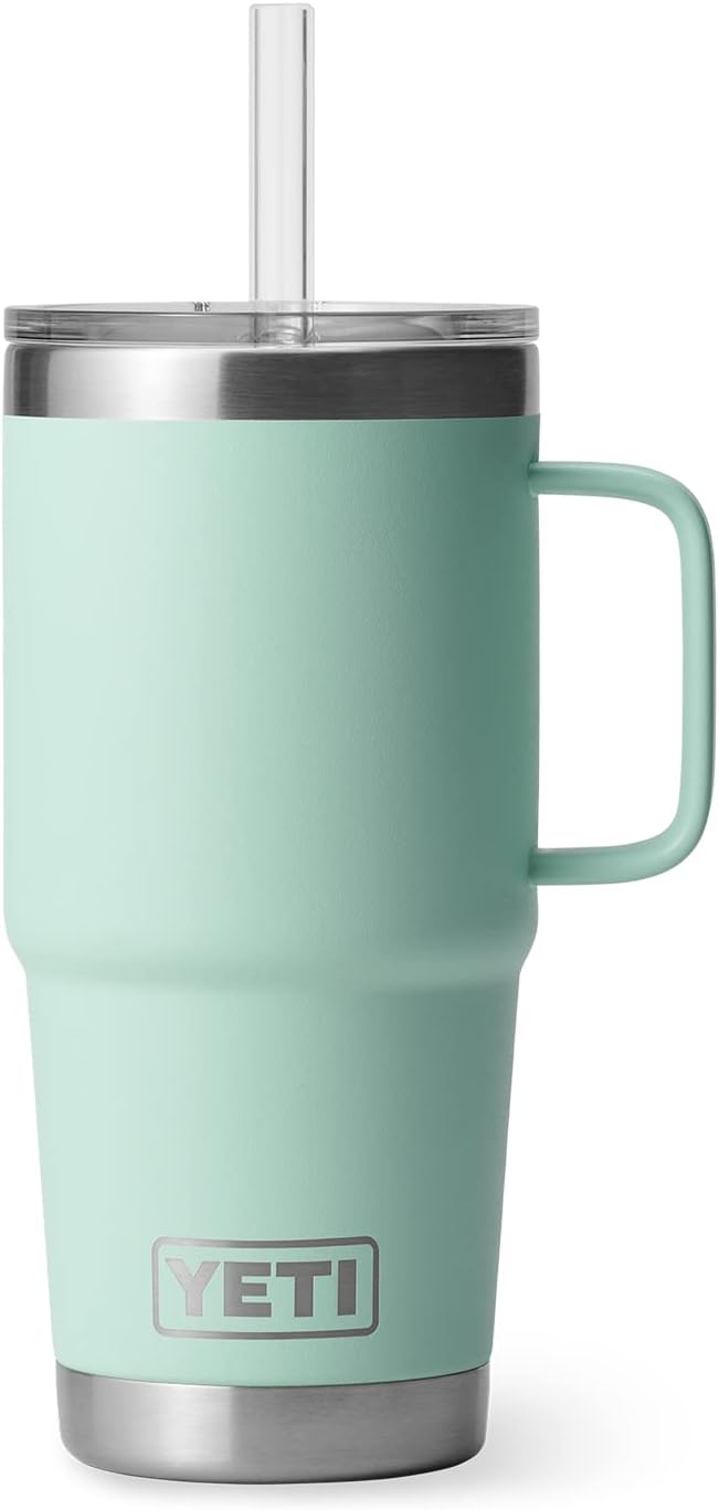 YETI Rambler 25 oz Tumbler with Handle and Straw Lid, Travel Mug Water Tumbler, Vacuum Insulated Cup with Handle, Stainless Steel, Seafoam