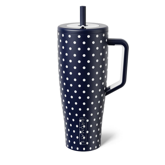 BrüMate Era 40 oz Tumbler with Handle and Straw | 100% Leakproof Insulated Water Bottle Tumbler with Lid and Straw | Made of Stainless Steel | Cup Holder Friendly | 40oz (Navy Polka Dots)