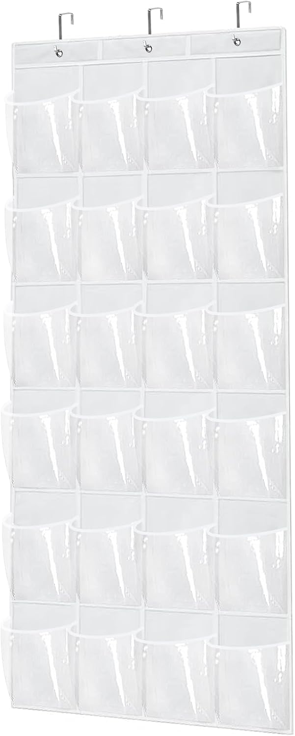 Over The Door Shoe Organizer with 24 Clear Pockets and Metal Hooks – Heavy Duty Hanging Shoe Storage Rack for Closet, Bathroom, Dorm – Space Saving Organizer for Shoes, Accessories, Toys (White)