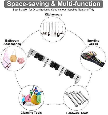 Broom Mop Holder Wall Mount,Favbal Garage Organization Tool Organizer Storage Broom Closet Kitchen Organization Heavy Duty Garage Tools Hanger with 3 Racks 4 Hooks for Home Kitchen Garden Laundry Room
