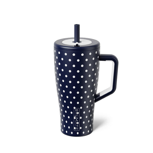 BrüMate Era 30 oz Tumbler with Handle & Straw | 100% Leakproof Insulated Water Bottle Tumbler with Lid & Flexible SoftSip Straw | Made of Stainless Steel | Cup Holder Friendly | 30oz (Navy Polka Dots)