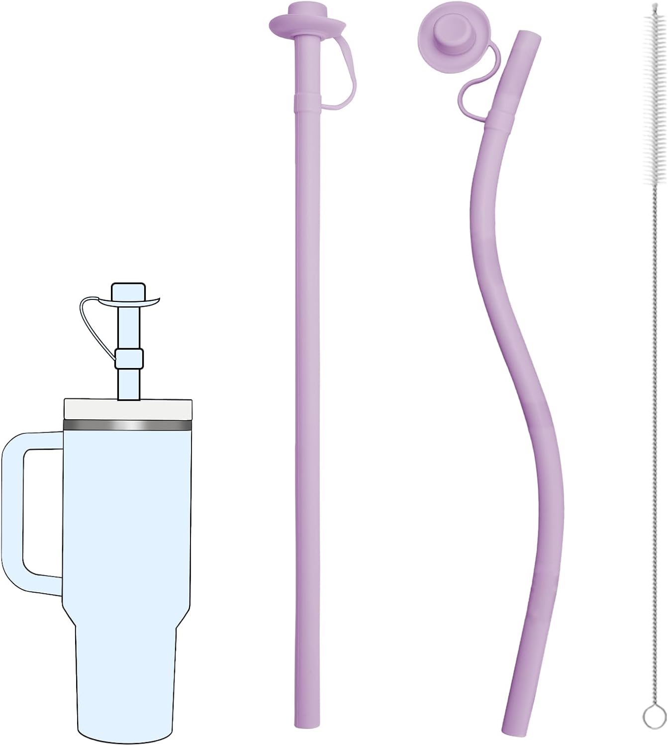 2PCS Reusable Silicone Straws with Cover, Bite-Safe, 12”Long Collapsible Drinking Straws for Stanley Owala Cups, Tumblers & Travel – Trim to Fit Any Cup (Purple)