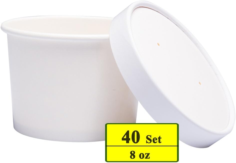 Paper Ice Cream Cups with Paper Lids, Paper Hot/Cold Soup Cups with Lids (White) (40, 8 oz)