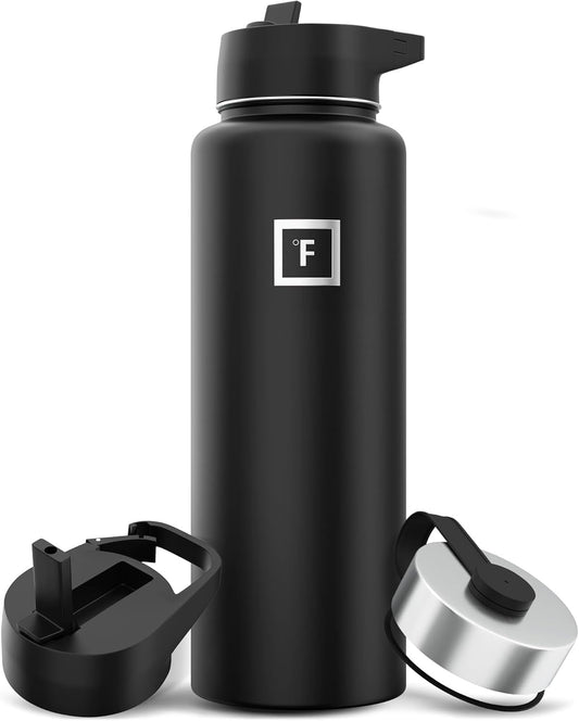 IRON °FLASK Camping & Hiking Hydration Flask with Straw, Wide Mouth Insulated Stainless Steel Sports Water Bottle - 40 oz Midnight Black