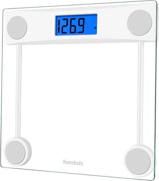 Homebuds Digital Bathroom Scale for Body Weight, High Precision Assured by Weight Scale Professional Factory SINCE 2001, Blue Backlit LCD and Step-On, 2*AAA Batteries Included, 400lb/182kg Clear Glass