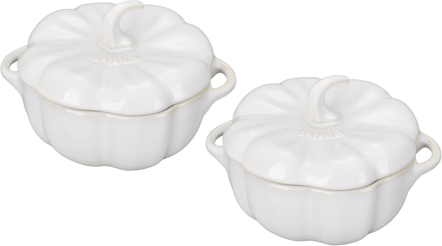STAUB Ceramic 2-pc Petite Pumpkin Cocotte Set, 0.75-qt/24-oz, Rustic Ivory
