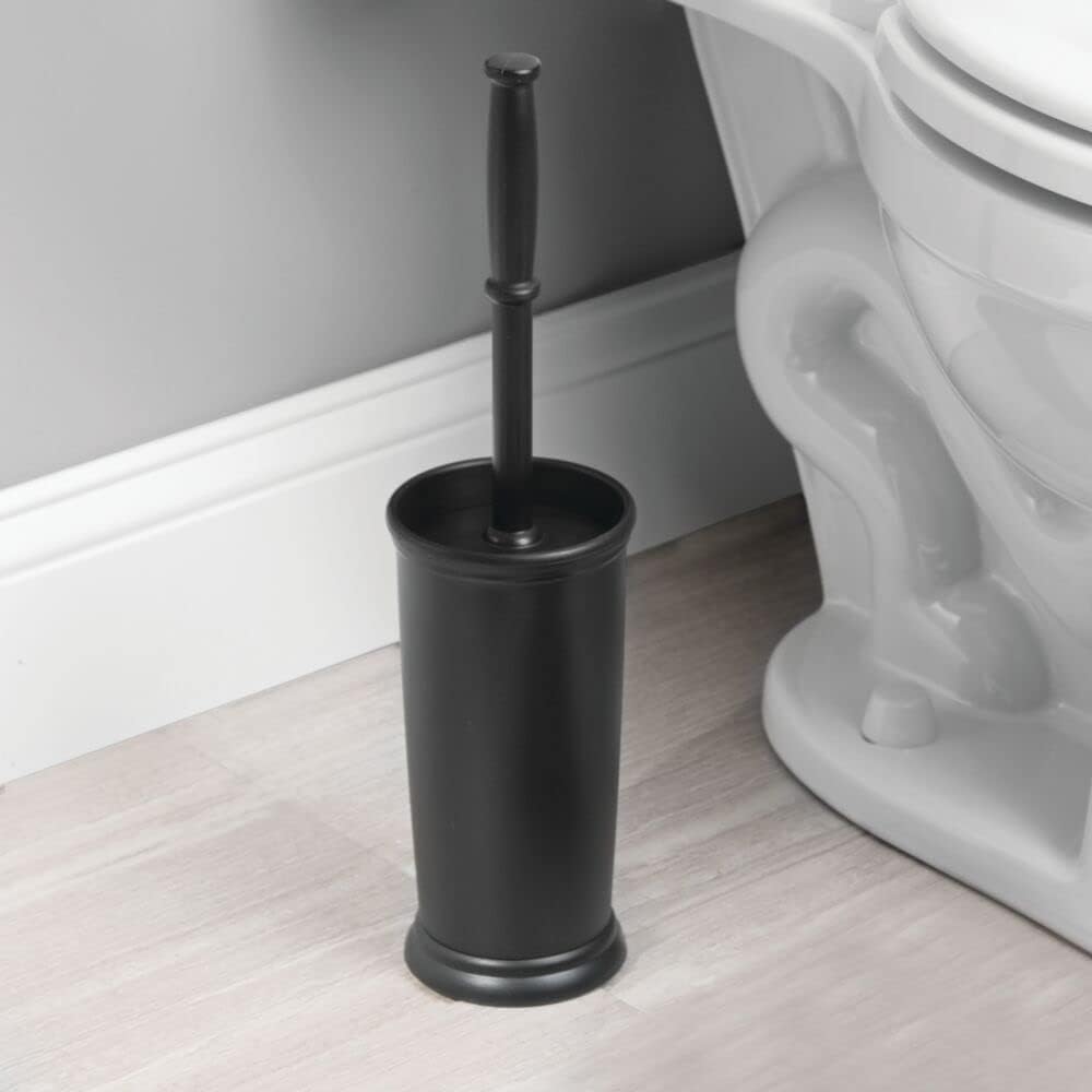 mDesign Toilet Bowl Brush and Holder - Covered Bathroom Toilet Brush - Standing Toilet Bowl Scrubber in Modern Holder - Compact, Space Saving, Deep Cleaning Brush for Toilet - Hyde Collection - Black