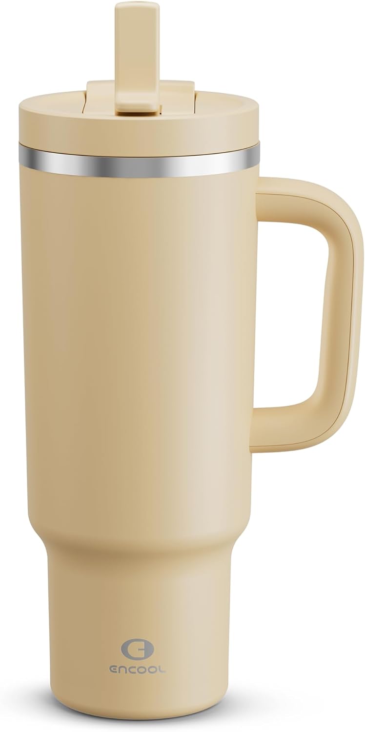 ENCOOL 40 oz Tumbler with Handle and Straw: Stainless Steel Insulated Tumbler Keeps Cold for 24 Hours, Leakproof Travel Cup Fits in Cup Holder and BPA-Free, Indian Khaki