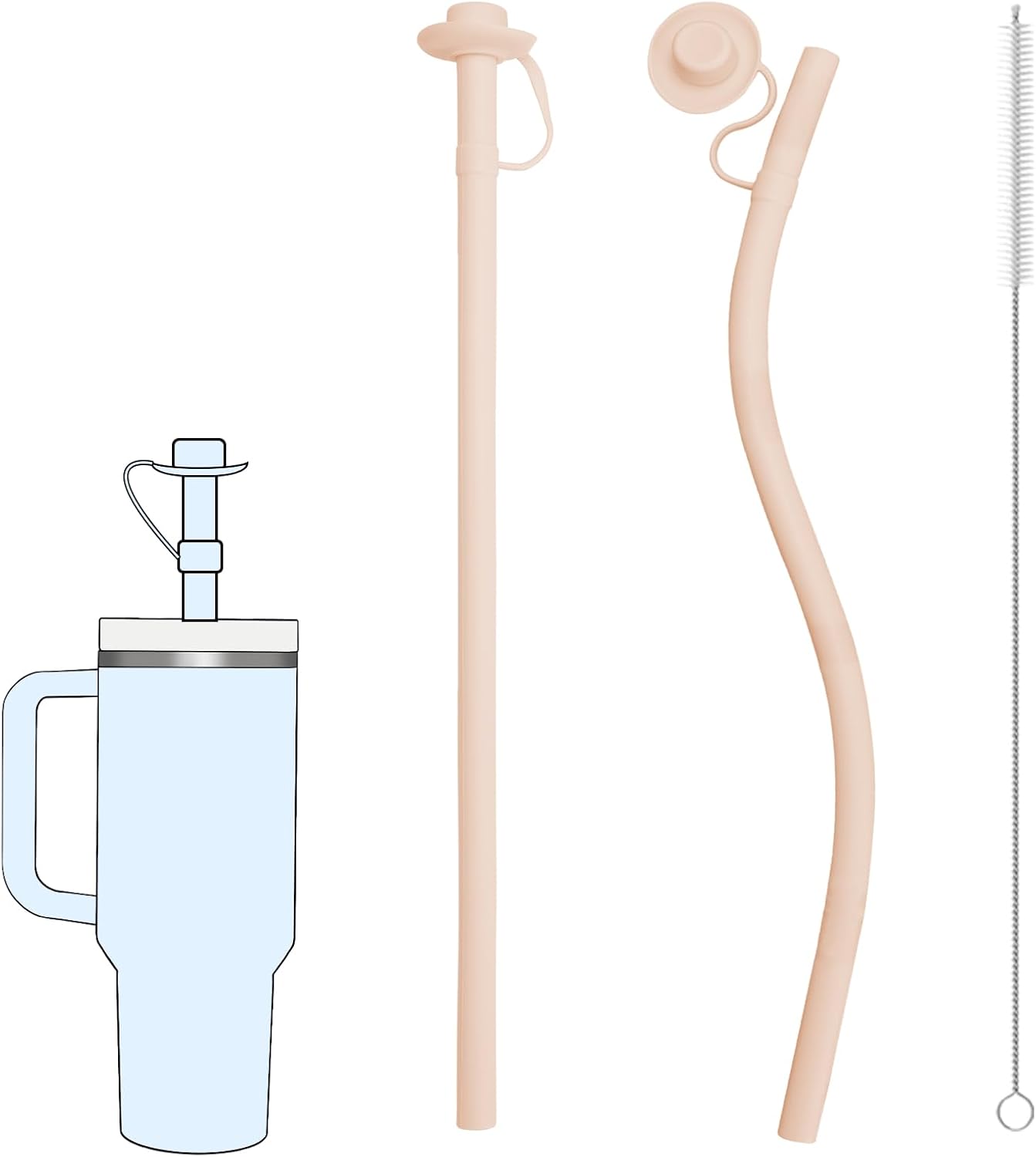 2PCS Reusable Silicone Straws with Cover, Bite-Safe, 12”Long Collapsible Drinking Straws for Stanley Owala Cups, Tumblers & Travel – Trim to Fit Any Cup (Pink)