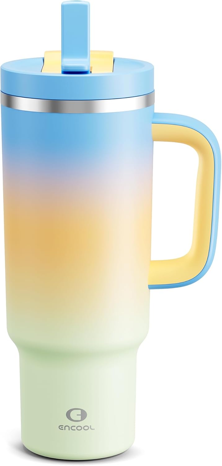 40 oz Tumbler with Handle and Straw: Stainless Steel Insulated Tumbler Keeps Cold for 24 Hours, Leakproof Travel Cup Fits in Cup Holder and BPA-Free, Sunny Breeze