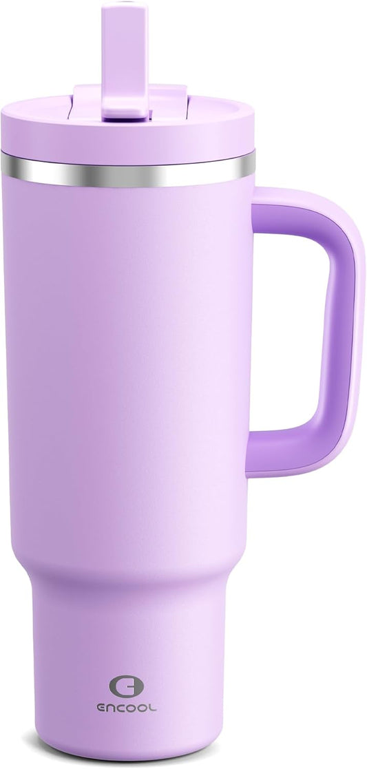 40 oz Tumbler with Handle and Straw: Stainless Steel Insulated Tumbler Keeps Cold for 24 Hours, Leakproof Travel Cup Fits in Cup Holder and BPA-Free, Lavender
