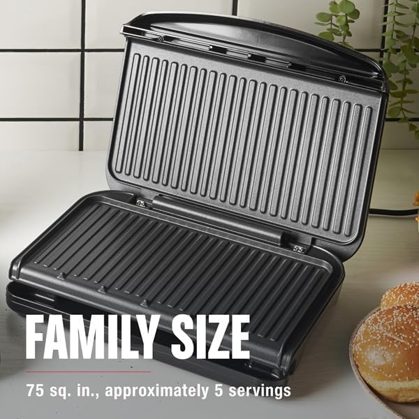 George Foreman Family-Size Grill & Panini Press, Nonstick Ceramic Coating, Fat-Removing Slope, Adjustable Angle, Indoor/Outdoor Use