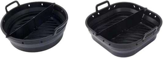 Reusable Silicone Air Fryer Liner –2pcs (Round+Square), Collapsible, Oil-Draining Design, Food-Grade, Non-Stick, Heat Resistant, Dishwasher Safe – Fits 5–8 QT Baskets (black)