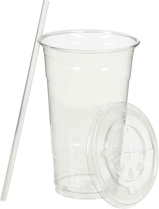 SafeWare Disposable 16oz Clear Plastic Cups with Flat Lids and Straws 400 Sets (4 box of 100)