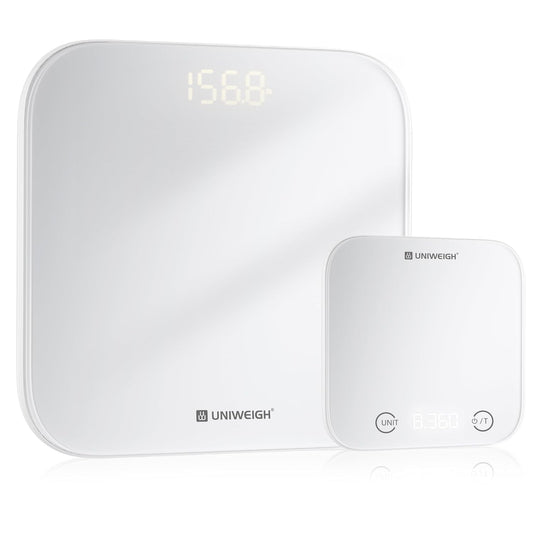 Kitchen and Bathroom Bundle-Digital food scale for Ounces and Grams11lb,Slim body weight Scale 400lb,Tempered glass,touch button LCD display,Precise Weight Measuring and Portion Control,white