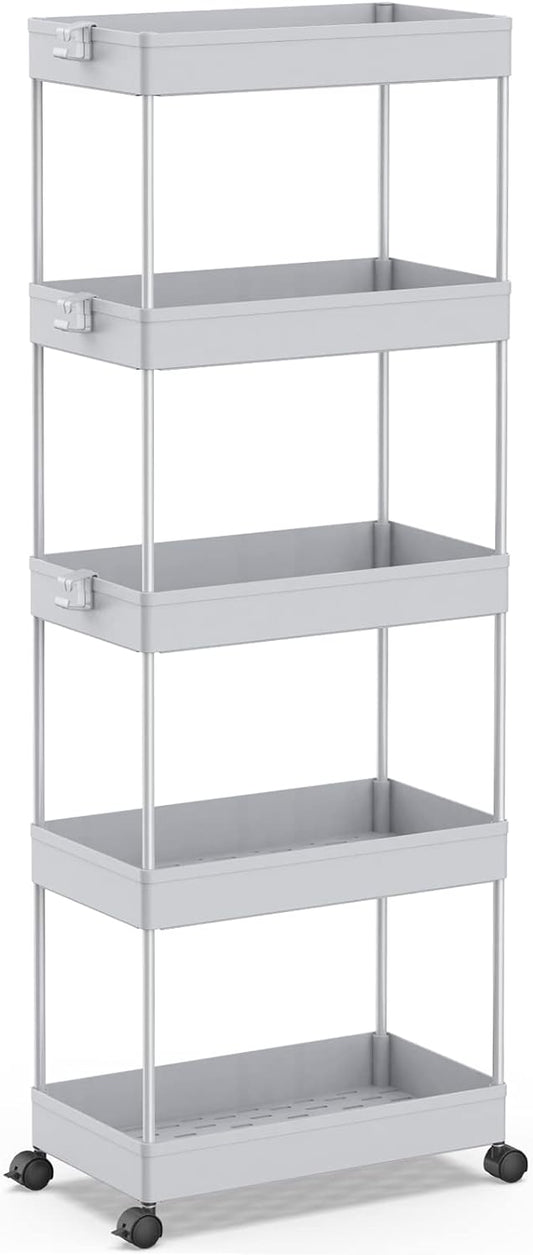 SPACEKEEPER 5-Tier Rolling Cart, Bathroom Storage Organizer Utility Cart, Mobile Shelving Unit Slide Out Shelves for Kitchen Living Room Laundry Room & Dressers,Gray