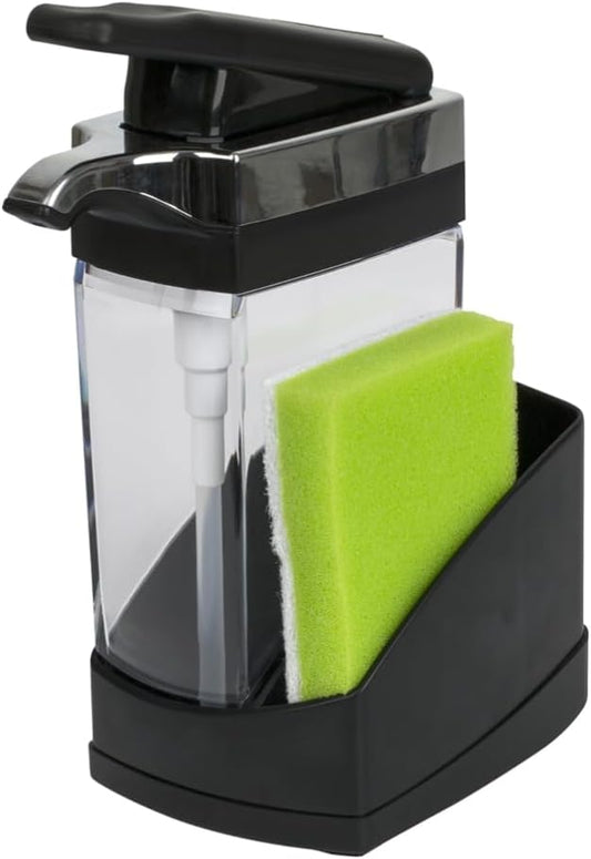 Casabella Sink Sider Solo Kitchen Soap Pump and Sponge Caddy, Black/Chrome - 2-in-1 Soap and Sponge Caddy, One-Hand Soap Dispensing, Ergonomic Design, Easy to Refill and Clean, Efficient Size