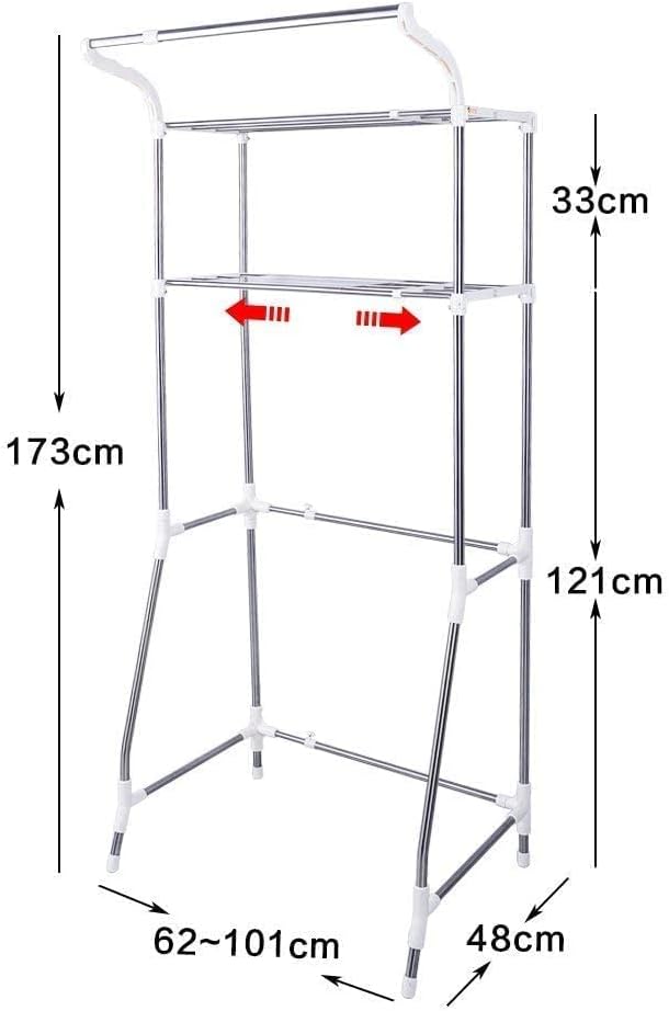 BAOYOUNI 2-Layer Over Washing Machine Storage Rack Utility Metal Bathroom Shelf 6-Hook Space Saver Width Adjustable Organization for Laundry Room Toilet (62-101cm, Ivory)